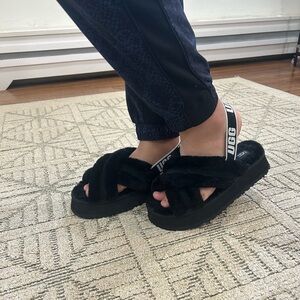 UGG Black Fluffy Slides with Logo Strap
